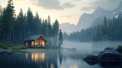 Fototapeta premium a serene cabin by a mountain lake, surrounded by towering pines.Architectural design elements modern interventions creativity 