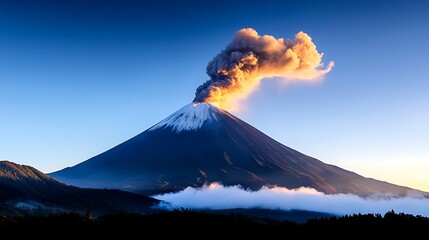 Fototapeta premium Majestic Volcano Erupting at Sunrise. Dramatic Volcanic Landscape with Smoke and Ash Cloud