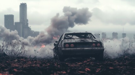 Fototapeta premium Post Apocalyptic Cityscape Damaged Car Smoke Ruins