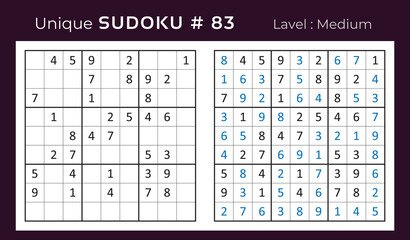 Vector sudoku puzzle with answer. Sudoku, number puzzle game with numbers for kids and adults.