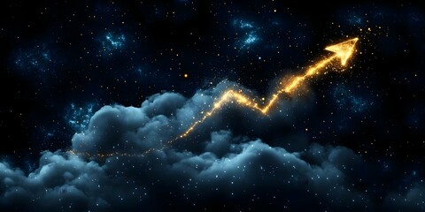 Obraz premium A glowing upward arrow emerges through clouds against a starry night sky, symbolizing growth and progress. Concept Growth Symbolism, Inspirational Imagery, Starry Night Aesthetics, Uplifting Visuals