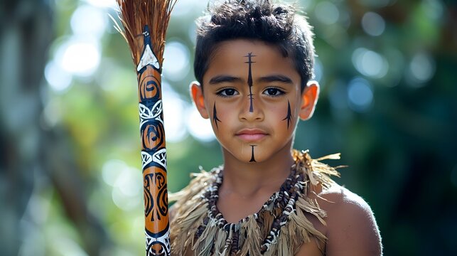 A boy in New Zealand role-playing as a Maori warrior, practicing haka moves with painted toy spears