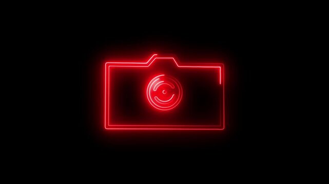 glowing neon camera icon isolated , recording, and film themes. Social media video camera icon for app