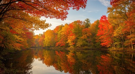 Autumnal Serenity: Vibrant Fall Foliage Reflected in a Calm Lake.