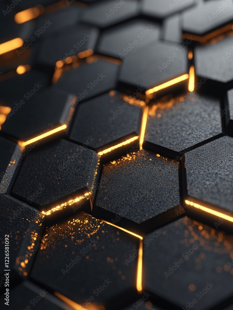 Poster abstract dark geometric pattern with glowing orange lines and particles on textured surface