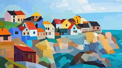 Naklejka premium a vibrant coastal village with brightly painted houses perched on cliffs.Architectural design elements modern interventions creativity 