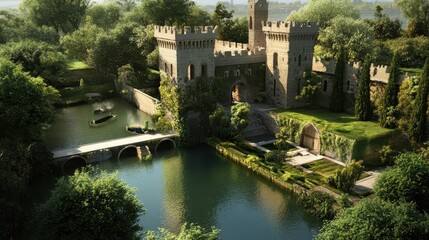 Fototapeta premium an ancient stone castle surrounded by a wide moat and lush gardens.Architectural design elements modern interventions creativity