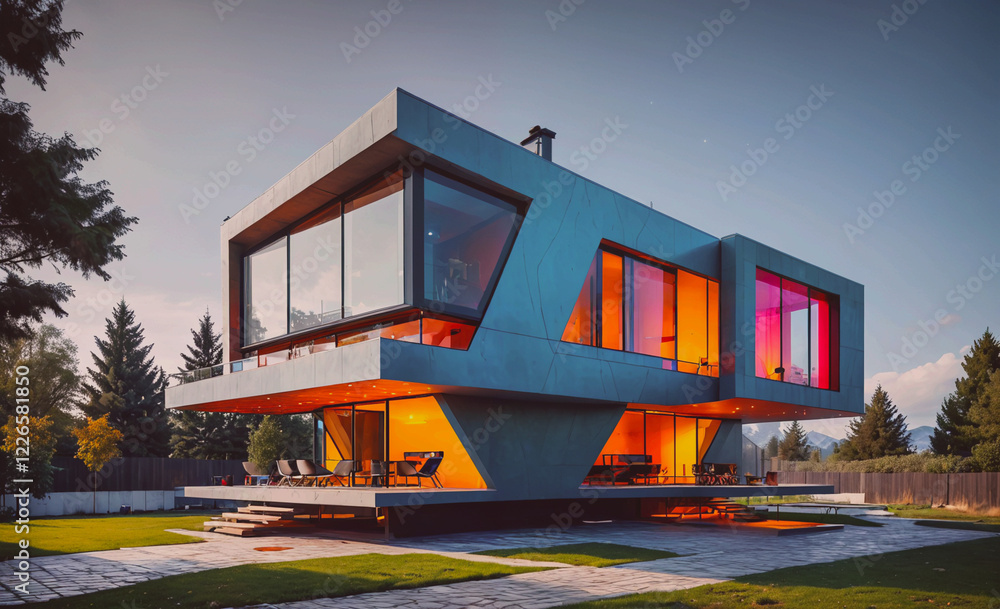 Aufkleber A large, modern house with a lot of windows and a pool. The house is surrounded by trees and has a very open and inviting feel