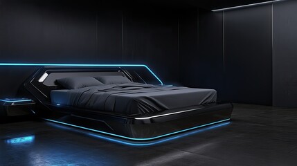 A sleek and futuristic loft bedroom featuring glossy black