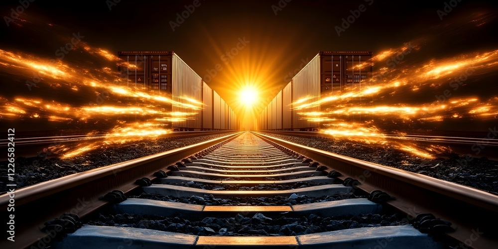 Poster a railway track leading towards the horizon, with bright sunlight shining between two cargo containe