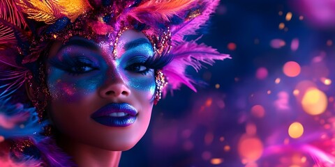 Naklejka premium A glamorous figure with vibrant makeup and colorful feathers, set against a dreamy, illuminated background. Concept Glamorous Figure, Vibrant Makeup, Colorful Feathers, Dreamy Background