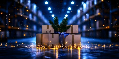 Festively wrapped boxes in a warehouse, decorated with a sprig of greenery and twinkling lights, creating a cheerful holiday vibe. Concept Holiday Decorations, Wrapped Gift Boxes