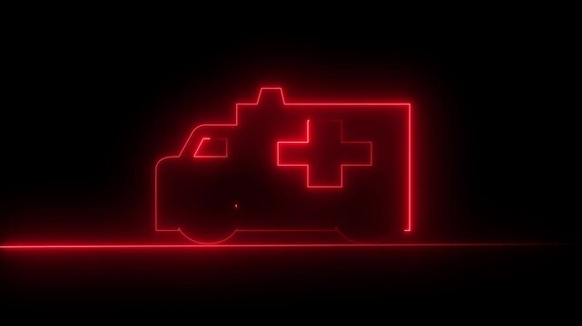 Abstract Glowing neon Ambulance and emergency car icon Neon glowing brown auto racing icon animation on black background.