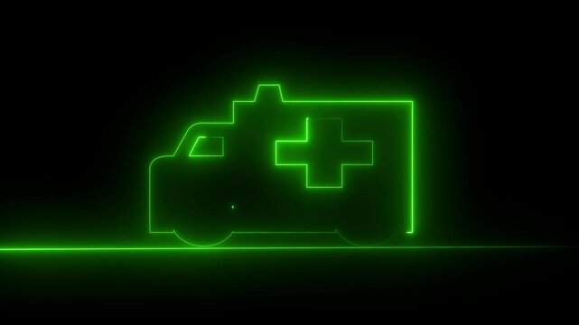 Abstract Glowing neon Ambulance and emergency car icon Neon glowing brown auto racing icon animation on black background.