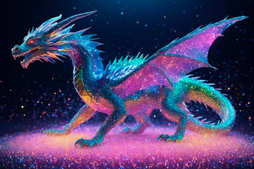 Fototapeta premium Holographic dragon made of many particles. Generative AI.