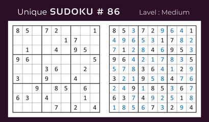 Vector sudoku puzzle with answer. Sudoku, number puzzle game with numbers for kids and adults.