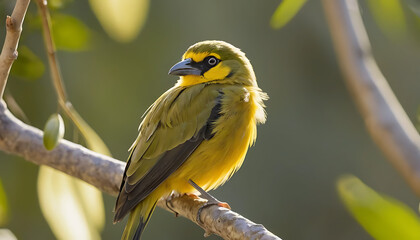 Naklejka premium Vibrant yellow bird, black eye mask, olive green wings, perched on branch, detailed feathers, sharp beak, closeup portrait