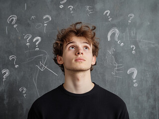 Young man pondering questions against gray backdrop