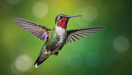Fototapeta premium Hummingbird in flight, ruby-throated, iridescent feathers, spread wings, motion blur, macro photography, sharp focus