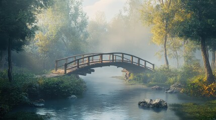 Fototapeta premium a picturesque wooden bridge crossing a misty forest stream.Architectural design elements modern interventions creativity 