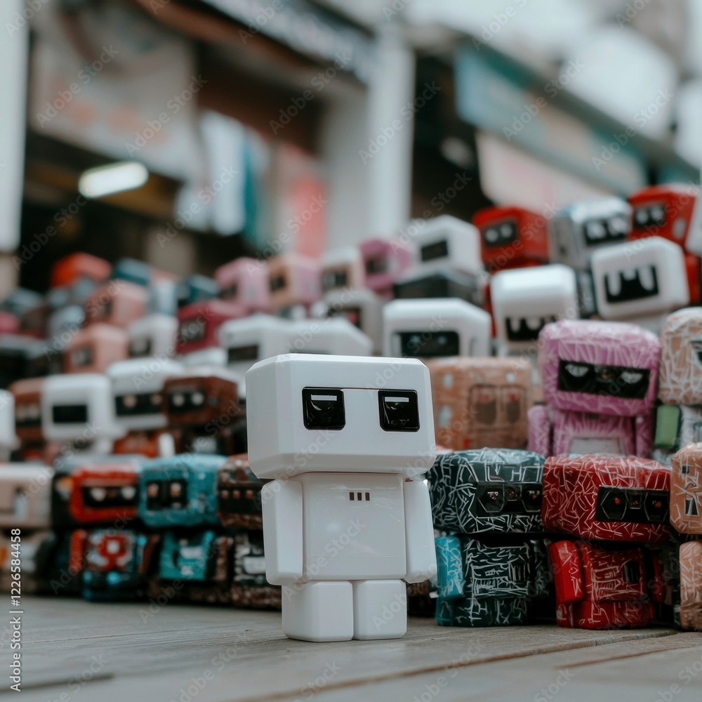 Poster unique white robot amidst colorful crowd of cube robots