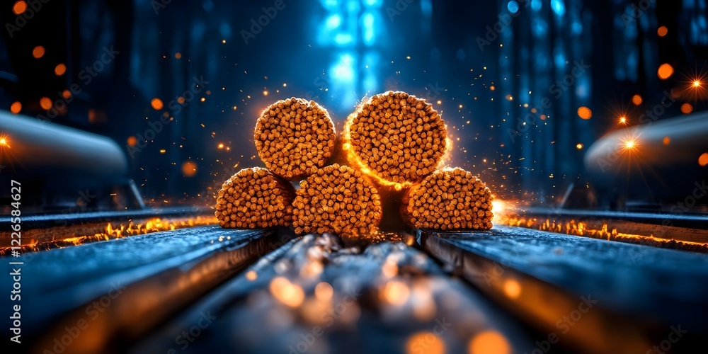 Poster stacks of logs on a track, surrounded by glowing sparks in a dark forest, creating a dramatic and at