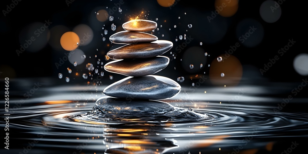 Aufkleber a stack of smooth stones balanced on water, with droplets and sparkles adding to a serene and tranqu