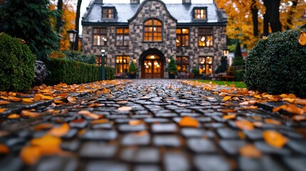 Obraz premium Autumnal mansion driveway, leaves, fall, landscape, luxury