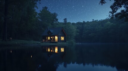 Fototapeta premium a serene lakeside cabin reflecting on still waters under a starry sky.Architectural design elements modern interventions creativity
