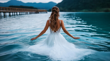 Bride Falling into Lake in Wedding Dress