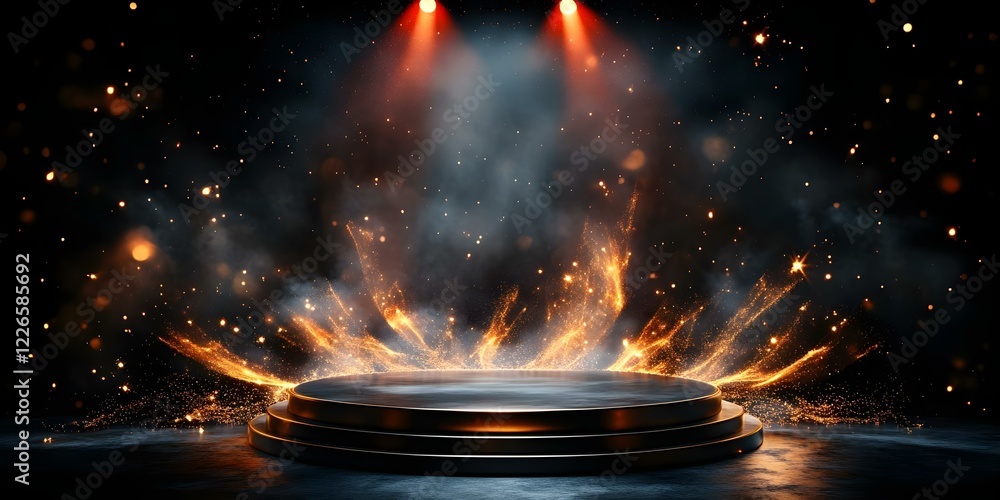 Poster a dramatic stage setting with spotlights, illuminated by swirling lights and particles, creating an 