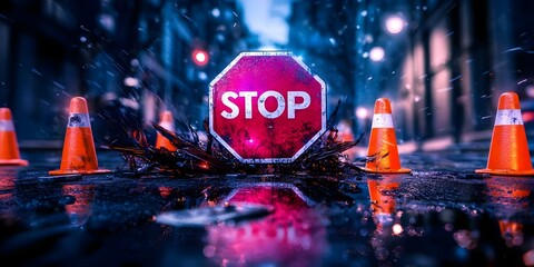 A stop sign surrounded by traffic cones on a wet street, with reflections and a blurred urban background. Concept Urban Traffic Scene, Stop Sign Focus, Wet Street Reflection