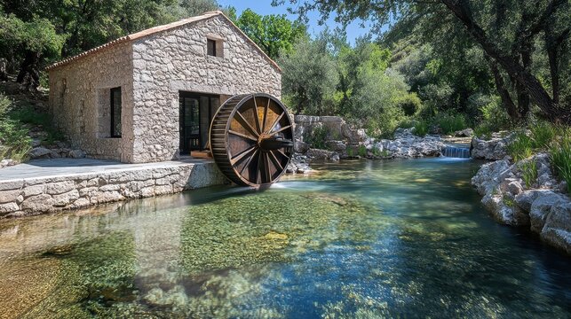an old stone mill with a waterwheel turning in a clear stream Architectural design elements modern interventions creativity 