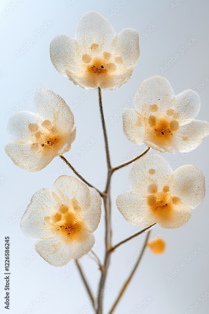 Aufkleber delicate translucent flower skeleton on a stem against a soft white background in a macro shot