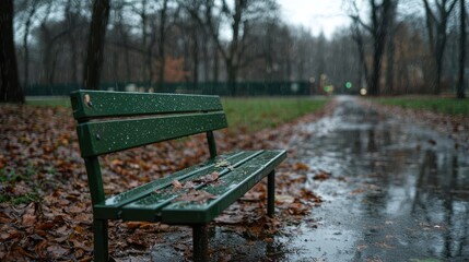 Fototapeta premium Rainy park bench, autumn leaves, wet path, urban background, contemplative mood, website banner