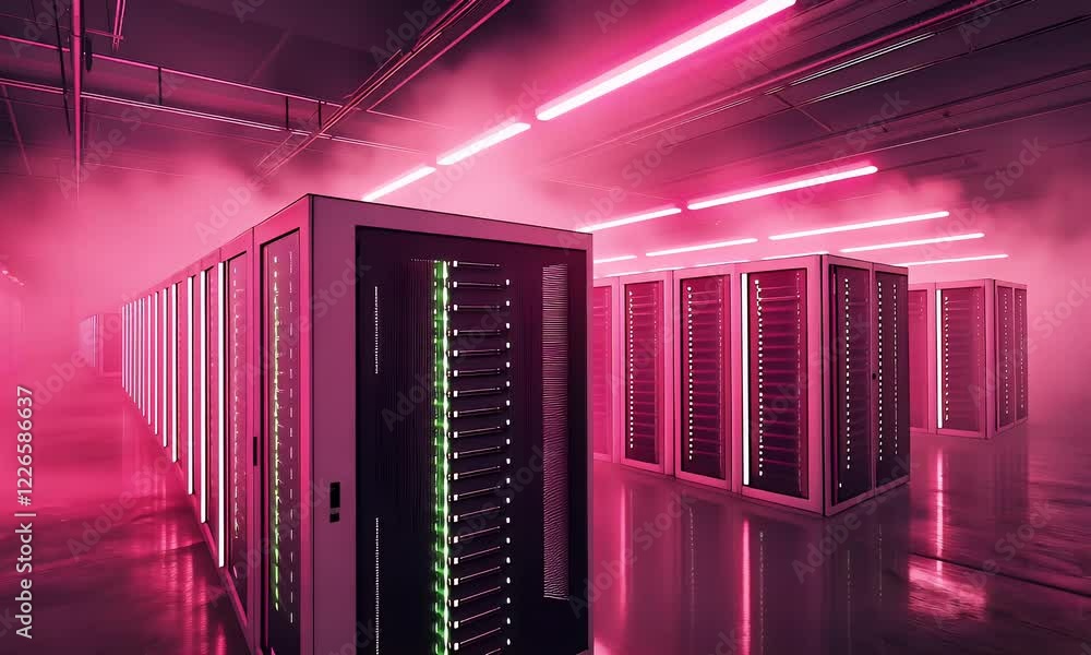 Aufkleber pink-lit servers in data center, digital processing