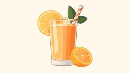 Fototapeta premium Fresh orange juice glass, straw, citrus, white background, menu design