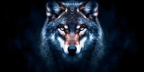 Fototapeta premium A close-up of a wolf's face, showcasing its intense eyes and detailed fur against a dark background. Concept Wolf Close-Up, Intense Eyes, Detailed Fur Texture, Dramatic Dark Background