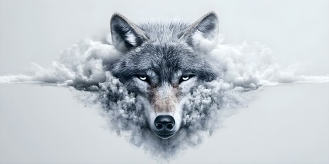 Fototapeta premium A stylized wolf's head emerging from clouds, showcasing a mix of realism and artistic abstraction. Concept Stylized Wolf Design, Realism Meets Abstract Art, Cloud Integration, Visual Symbolism