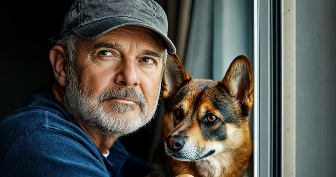 Man with Cat and Dog Leaning Out Window