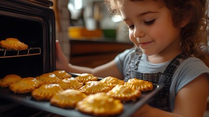 A child pretending to cook empanadas in a toy oven, arranging pretend pastries on a small tray