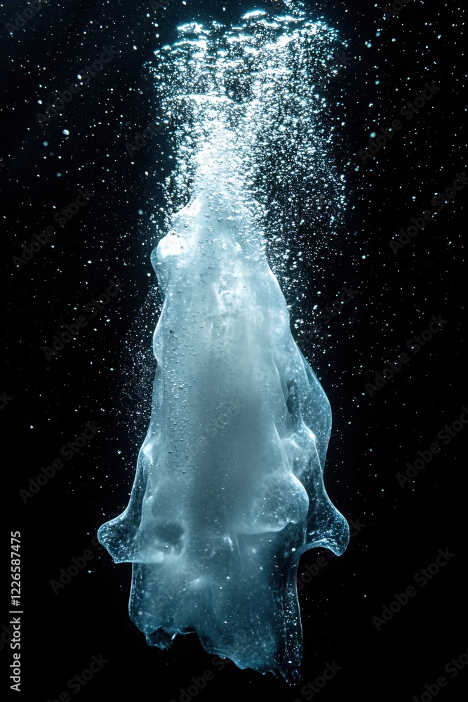 Poster underwater ethereal form with bubbles rising against a dark background creating a mysterious mood