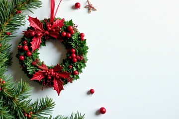 Red Holly Leaf Wreath Ornament on White Space, Red and green, Holiday wreath