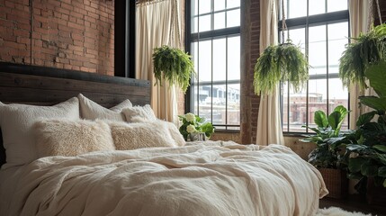 A soft and natural high-ceiling loft bedroom featuring a bed with light beige draped covers
