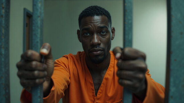 sad black man in orange prison clothes holds onto the bars