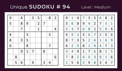 Vector sudoku puzzle with answer. Sudoku, number puzzle game with numbers for kids and adults.