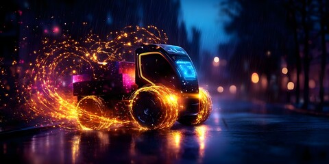 A futuristic vehicle with glowing sparks, designed for transporting colorful packages in a rainy, urban setting. Concept Futuristic Vehicle Design, Urban Rainy Environment, Glowing Sparks Effect