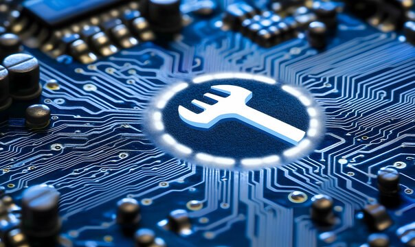 Close-up of a circuit board with a glowing wrench icon, symbolizing repair, maintenance, or technical support.  Perfect for technology, IT, and repair concepts.