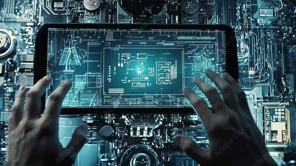 Poster engineer using a futuristic transparent tablet with a digital display while working on a microchip c