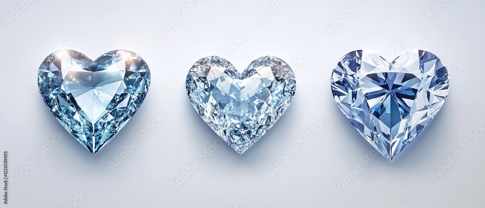 Poster three heart shaped diamonds on a light background with reflections and facets in a row